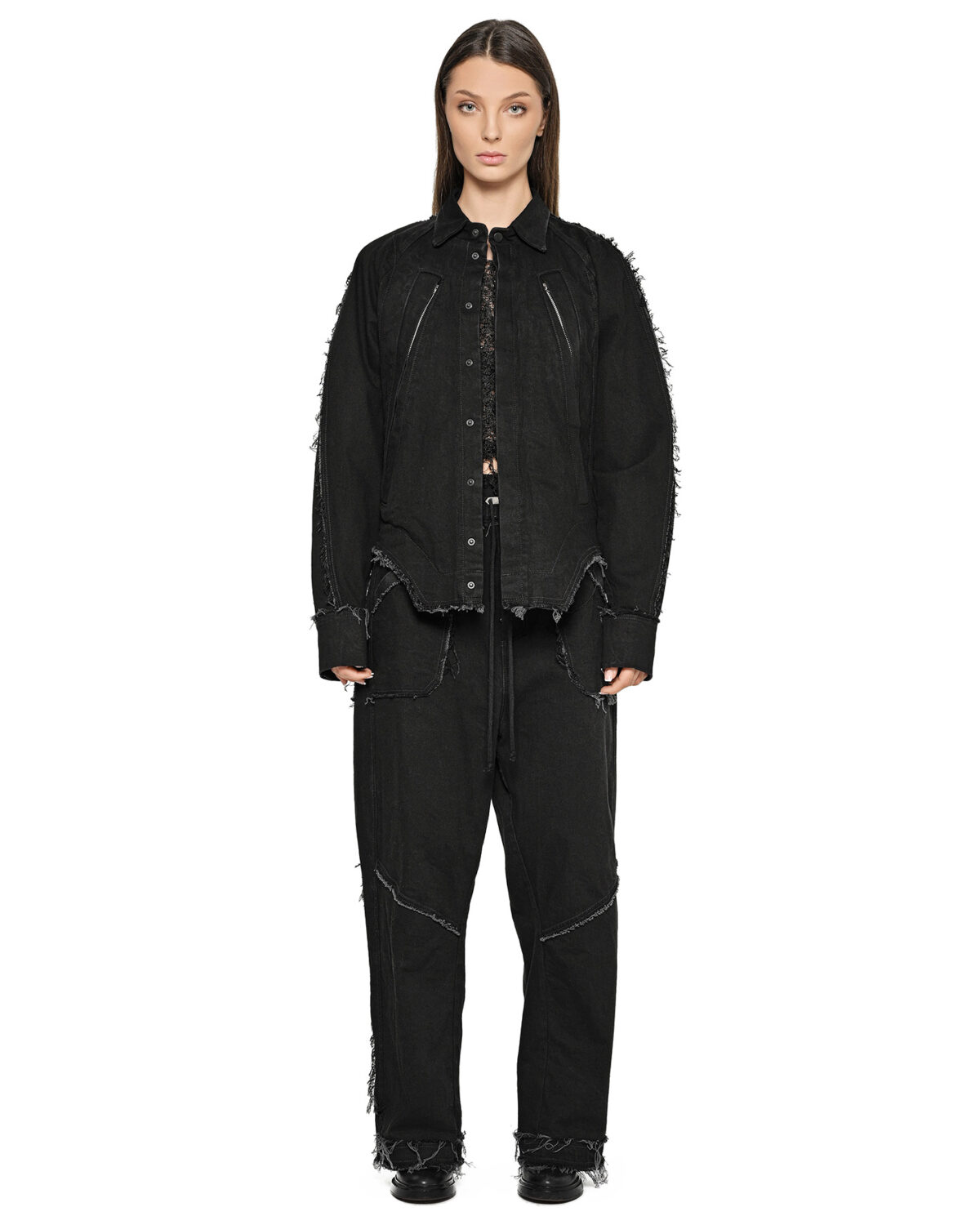MINOAR - Washed Gravity Deconstruct Jacket, Women's black cotton jacket with raw frayed edges - 8