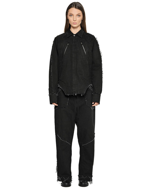 MINOAR - Washed Gravity Deconstruct Jacket, Women's black cotton jacket with raw frayed edges - 1