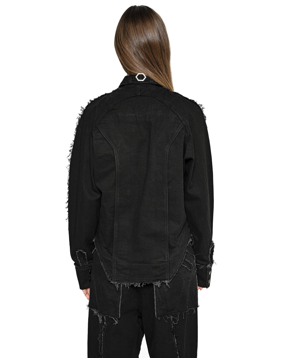 MINOAR - Washed Gravity Deconstruct Jacket, Women's black cotton jacket with raw frayed edges - 4