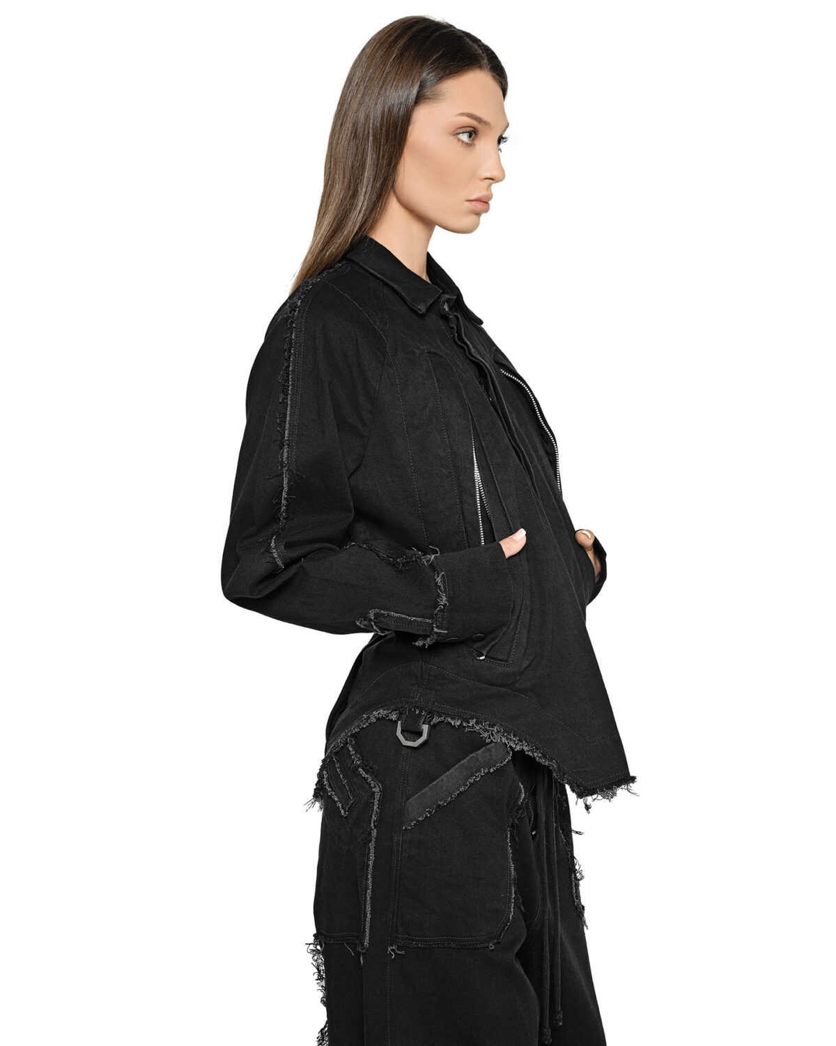 MINOAR - Washed Gravity Deconstruct Jacket, Women's black cotton jacket with raw frayed edges - 5