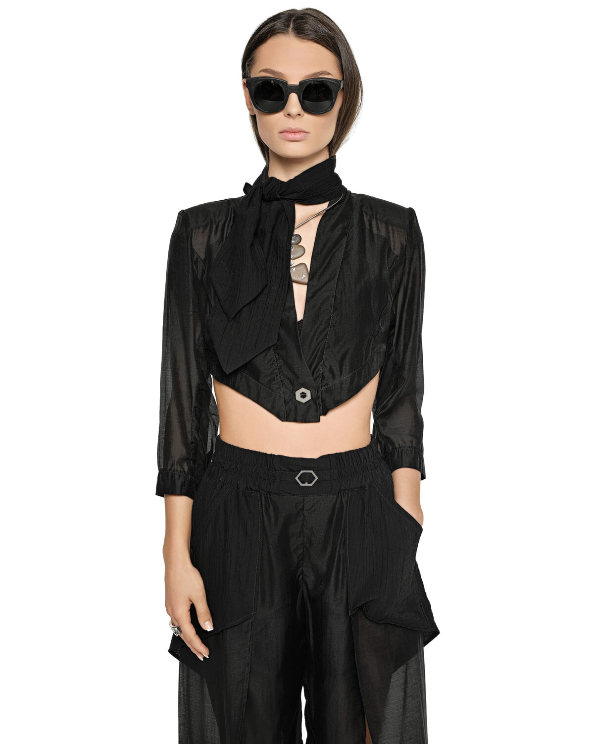 MINOAR - Radiant Semi-Sheer Blazer, Women's black lyocell blazer with geometric cut - 6