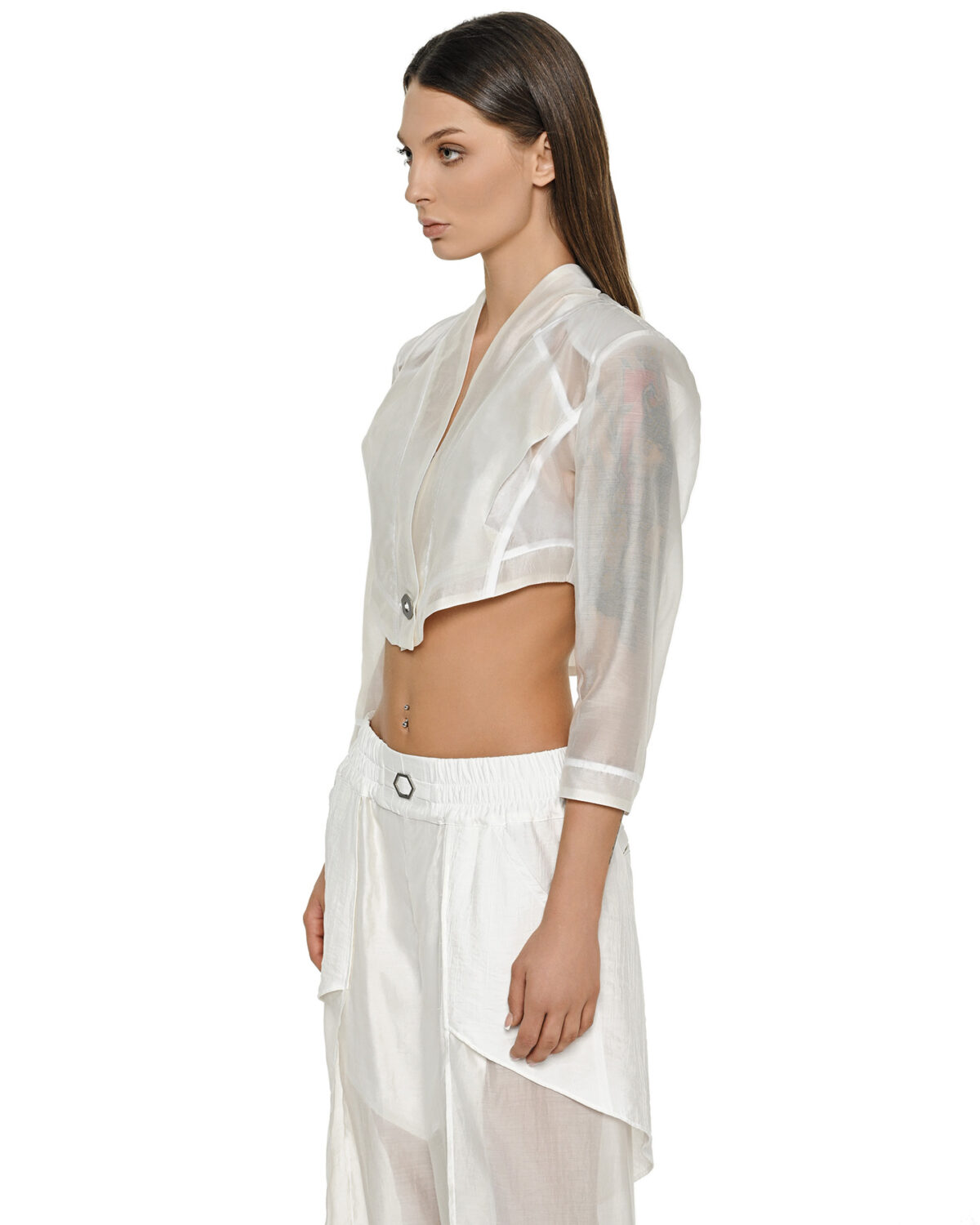 MINOAR - Radiant Semi-Sheer Bone White Blazer, Women's white lyocell blazer with geometric cut - 4