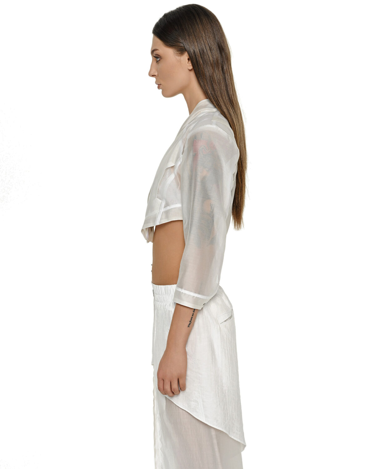MINOAR - Radiant Semi-Sheer Bone White Blazer, Women's white lyocell blazer with geometric cut - 5