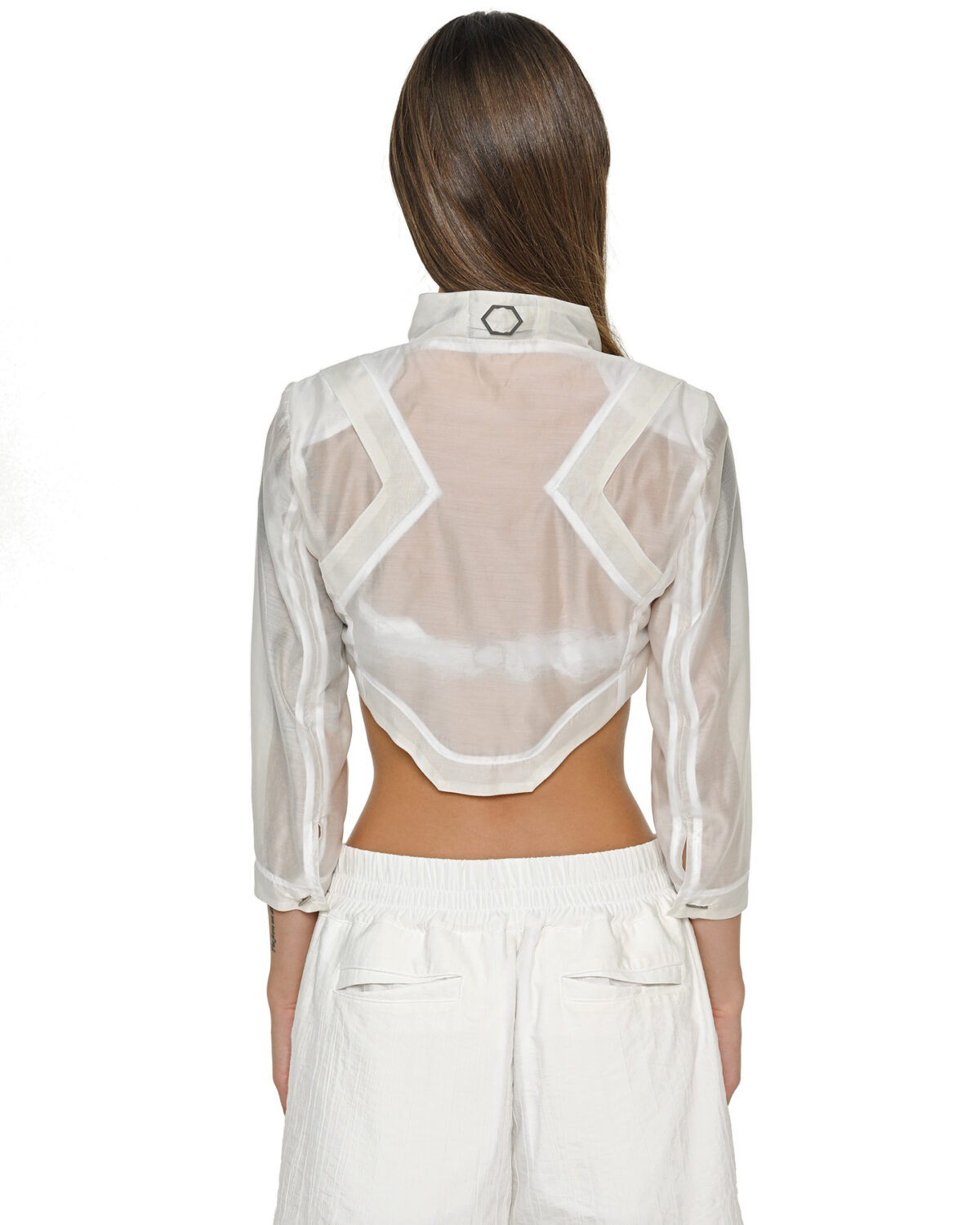 MINOAR - Radiant Semi-Sheer Bone White Blazer, Women's white lyocell blazer with geometric cut - 3