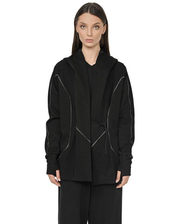 MINOAR - Cluster Hooded Secure Knit Cardigan, Women's black cotton cardigan with external seam detail - 1
