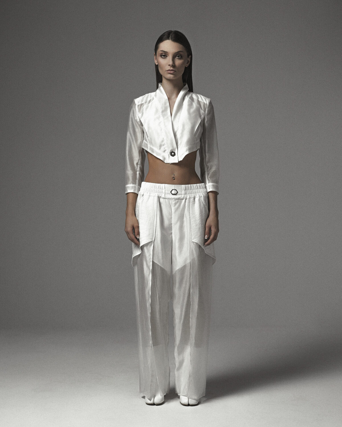MINOAR - Radiant Layered Bone Trousers, Women's white viscose trousers with diagonal welt pockets - 9