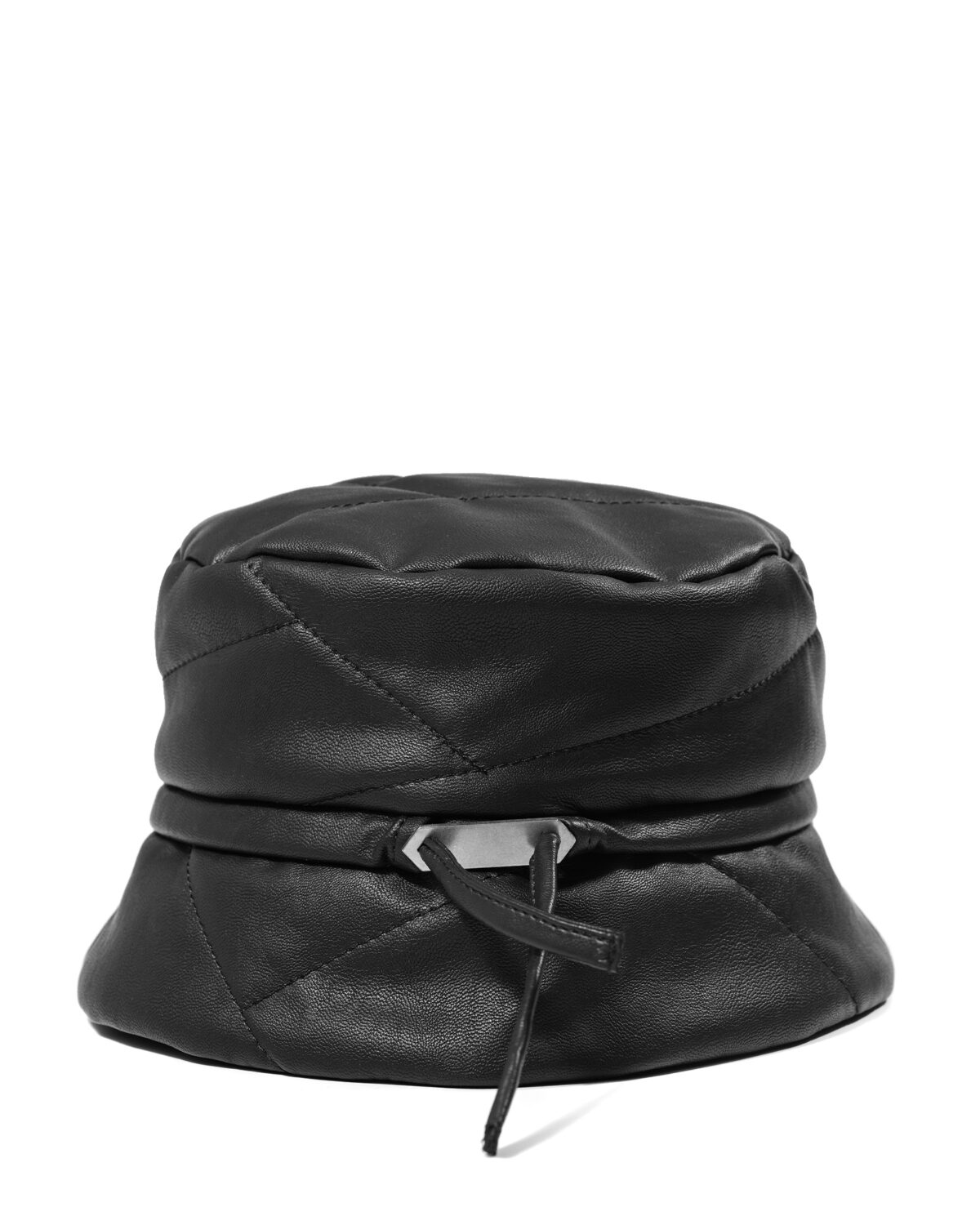 MINOAR - Leather Segment Bucket Hat, Unisex black leather hat with linear quilting - 3