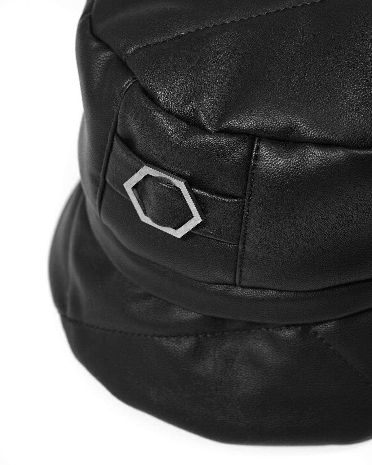 MINOAR - Leather Segment Bucket Hat, Unisex black leather hat with linear quilting - 4