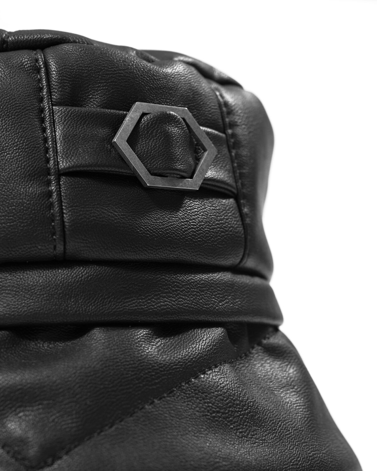 MINOAR - Leather Segment Bucket Hat, Unisex black leather hat with linear quilting - 5