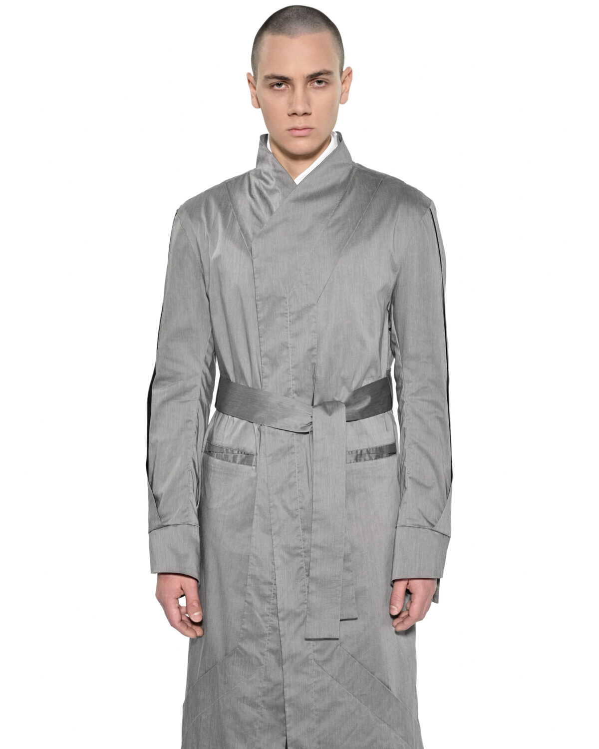 MINOAR - Gravity Grey Deconstruct Trench Coat, Men's grey cotton coat with multi-panel construction - 3