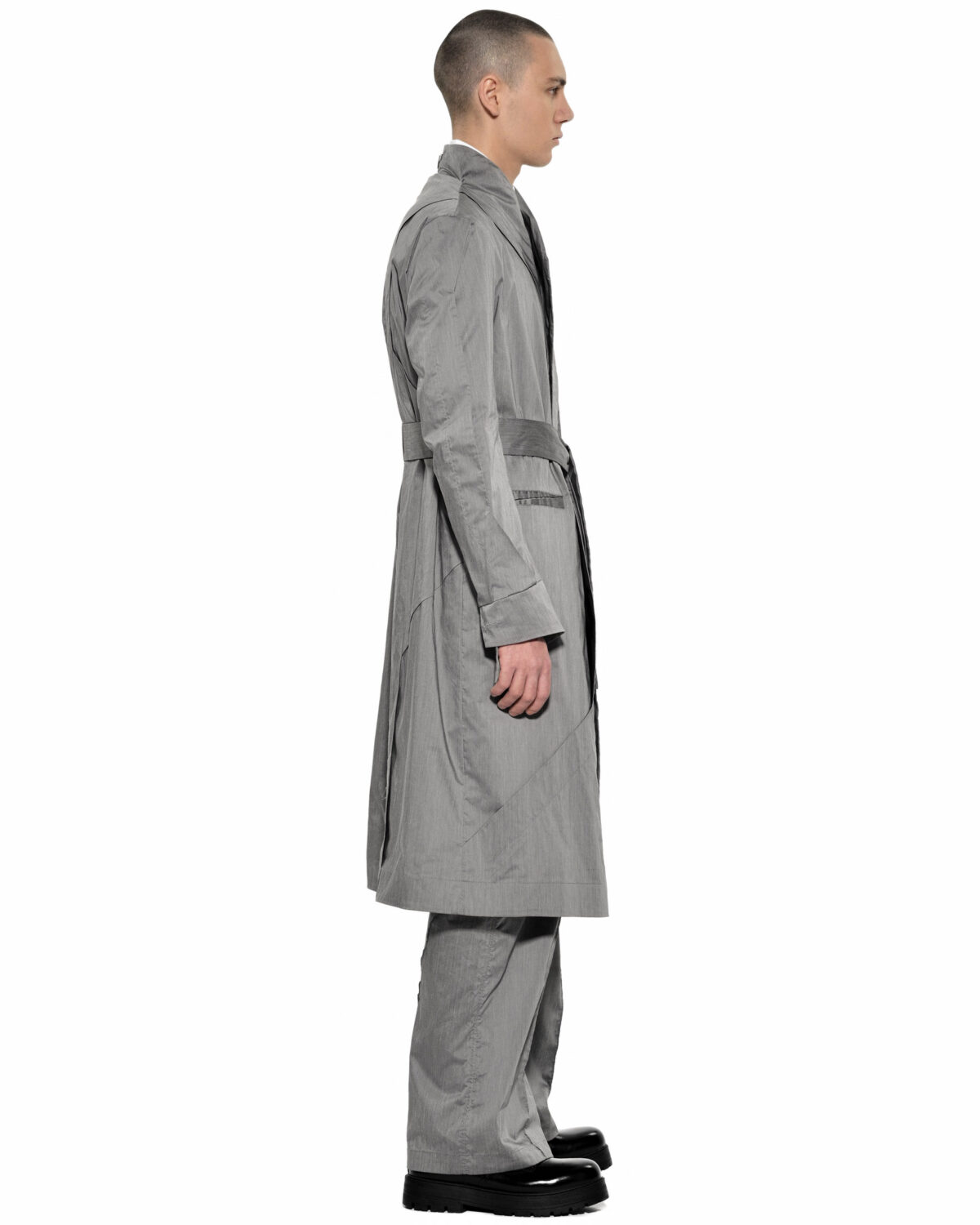 MINOAR - Gravity Grey Deconstruct Trench Coat, Men's grey cotton coat with multi-panel construction - 4