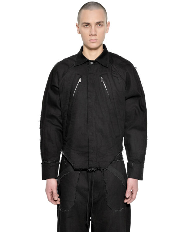 MINOAR - Washed Gravity Deconstruct Jacket, Men's black cotton jacket with raw frayed edges - 1
