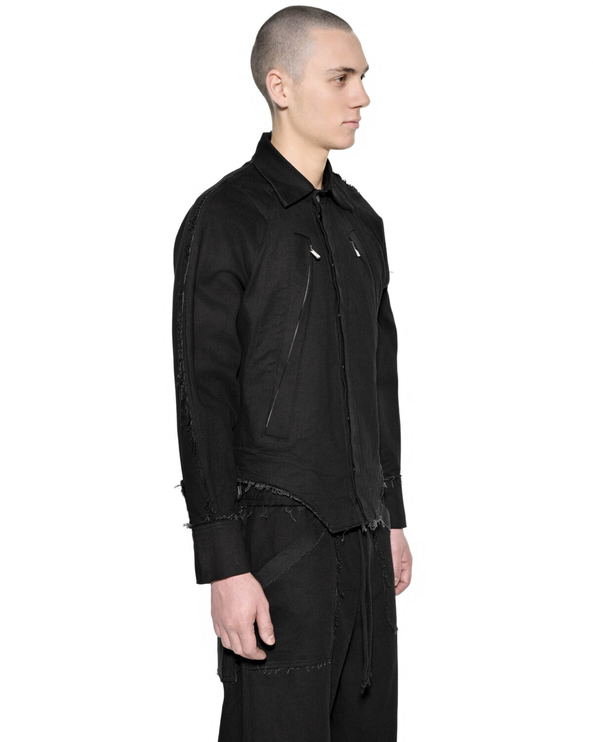 MINOAR - Washed Gravity Deconstruct Jacket, Men's black cotton jacket with raw frayed edges - 3