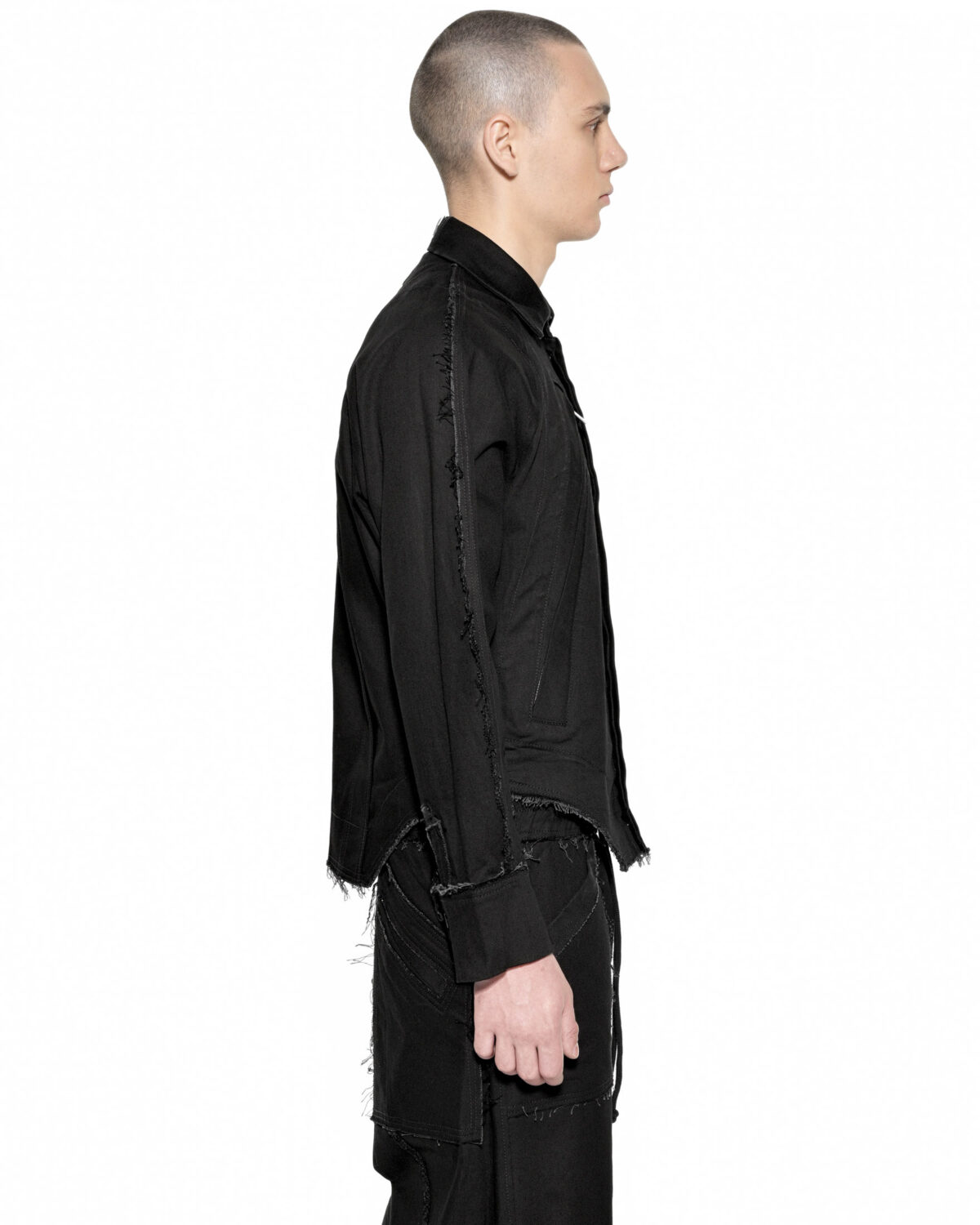 MINOAR - Washed Gravity Deconstruct Jacket, Men's black cotton jacket with raw frayed edges - 4