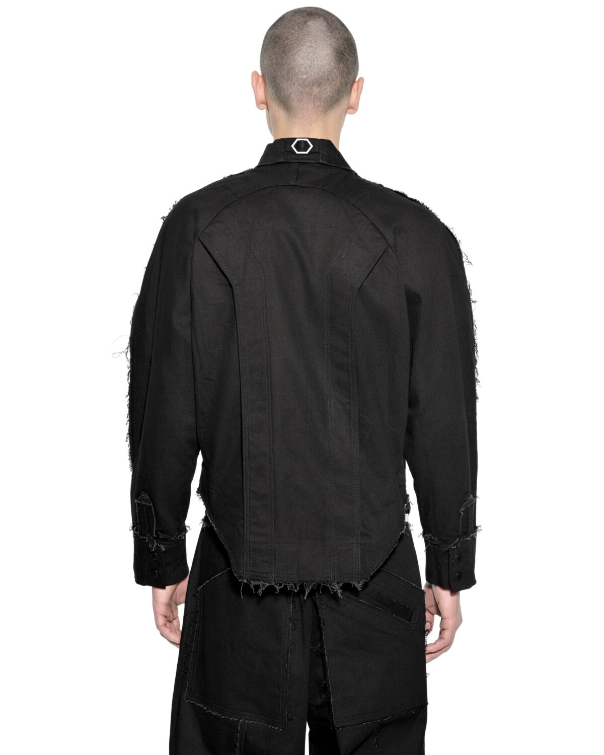 MINOAR - Washed Gravity Deconstruct Jacket, Men's black cotton jacket with raw frayed edges - 5