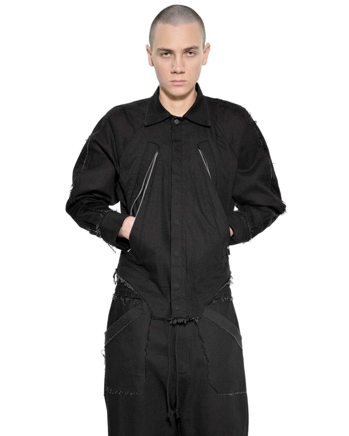 MINOAR - Washed Gravity Deconstruct Jacket, Men's black cotton jacket with raw frayed edges - 6
