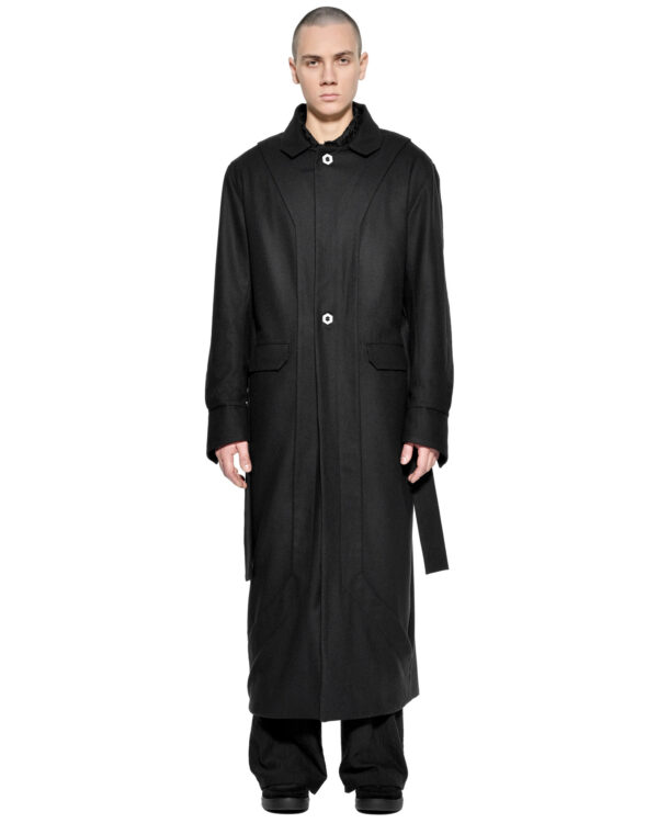 MINOAR - Wool Apex Overlap Long Coat, Men's black cotton coat with multi-panel construction - 1