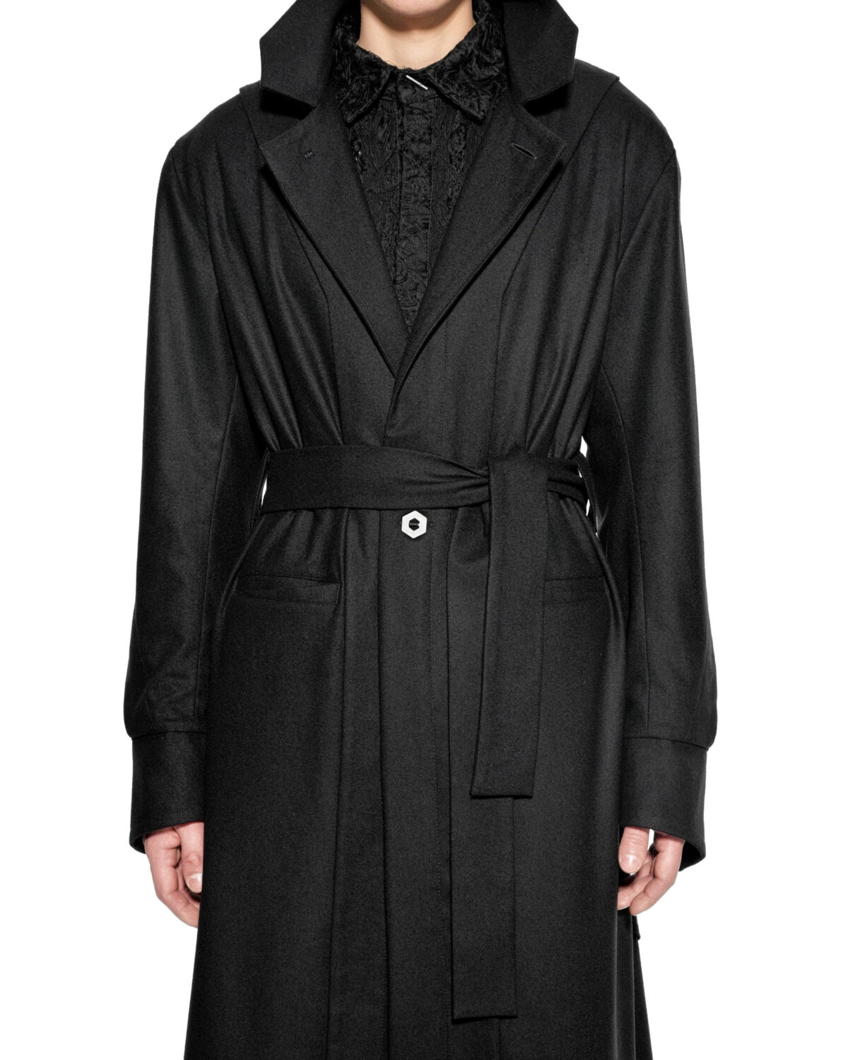 MINOAR - Wool Apex Overlap Long Coat, Men's black cotton coat with multi-panel construction - 6