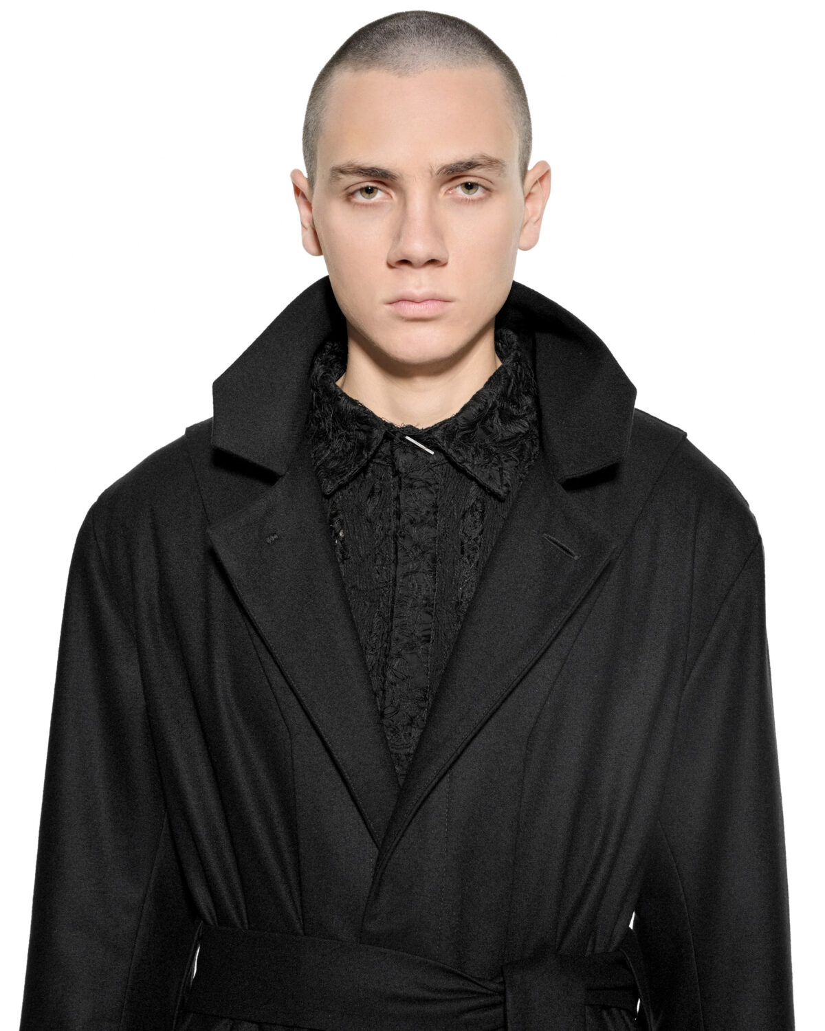MINOAR - Wool Apex Overlap Long Coat, Men's black cotton coat with multi-panel construction - 7