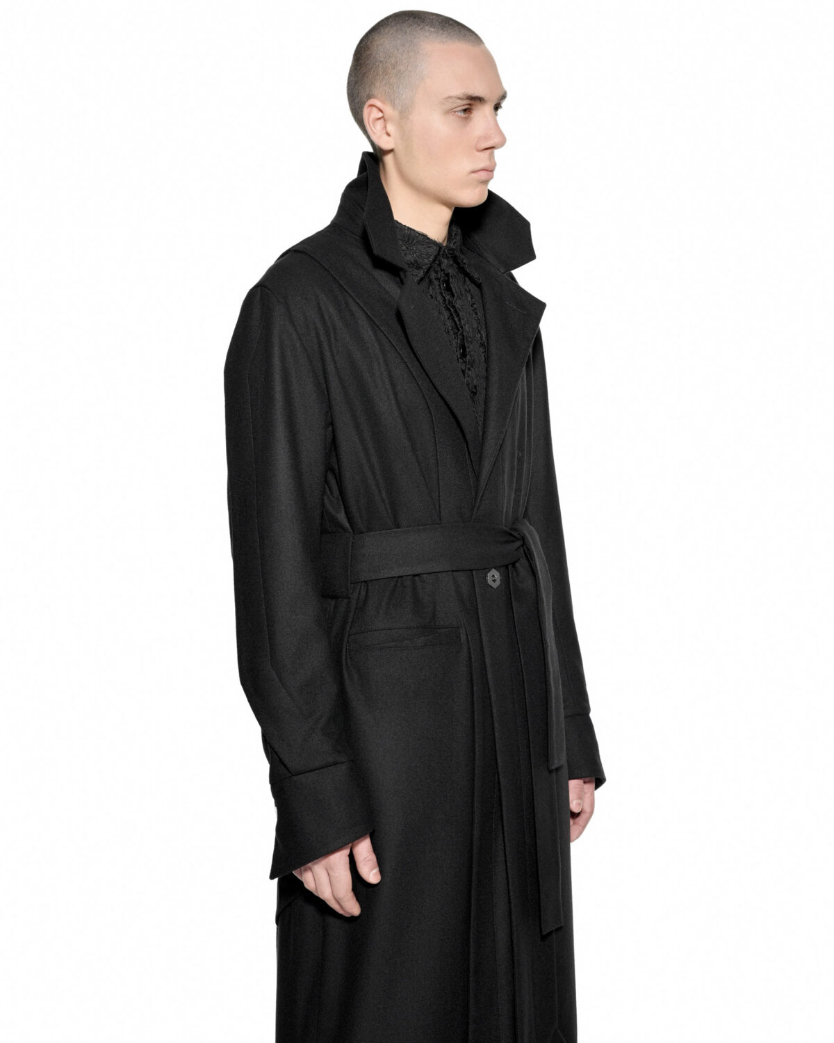 MINOAR - Wool Apex Overlap Long Coat, Men's black cotton coat with multi-panel construction - 8