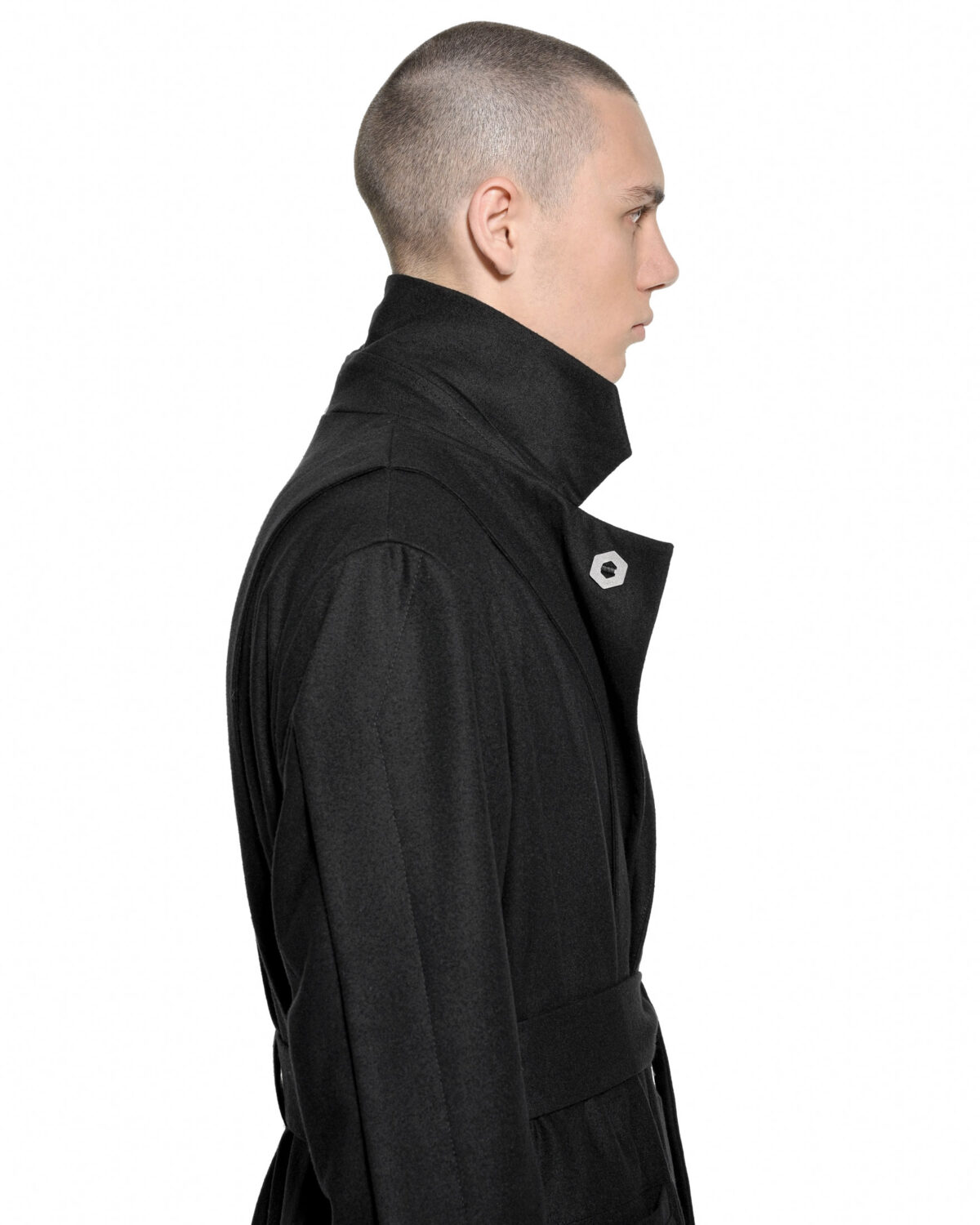 MINOAR - Wool Apex Overlap Long Coat, Men's black cotton coat with multi-panel construction - 9