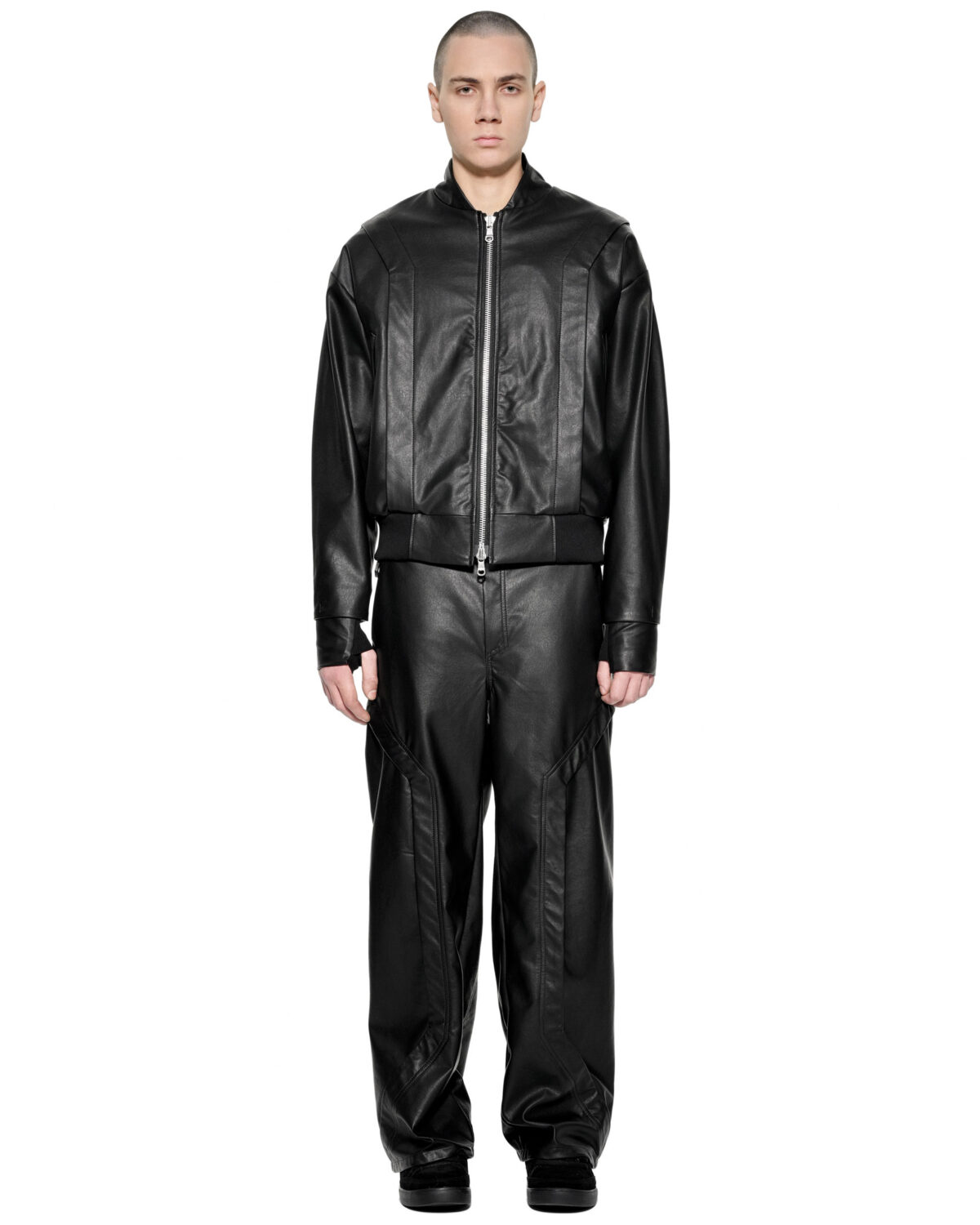 MINOAR - Apex Leather Segment Bomber Jacket, Men's black leather jacket with steel hardware detail - 11