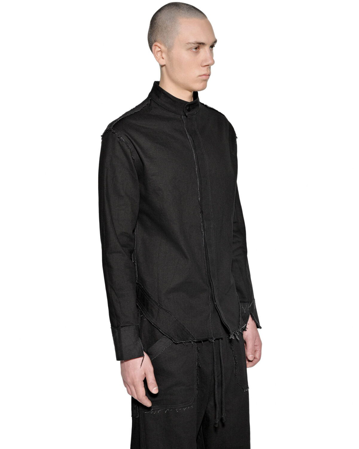 MINOAR - Fracture Deconstruct Denim Shirt, Men's black cotton shirt with raw frayed edges - 3