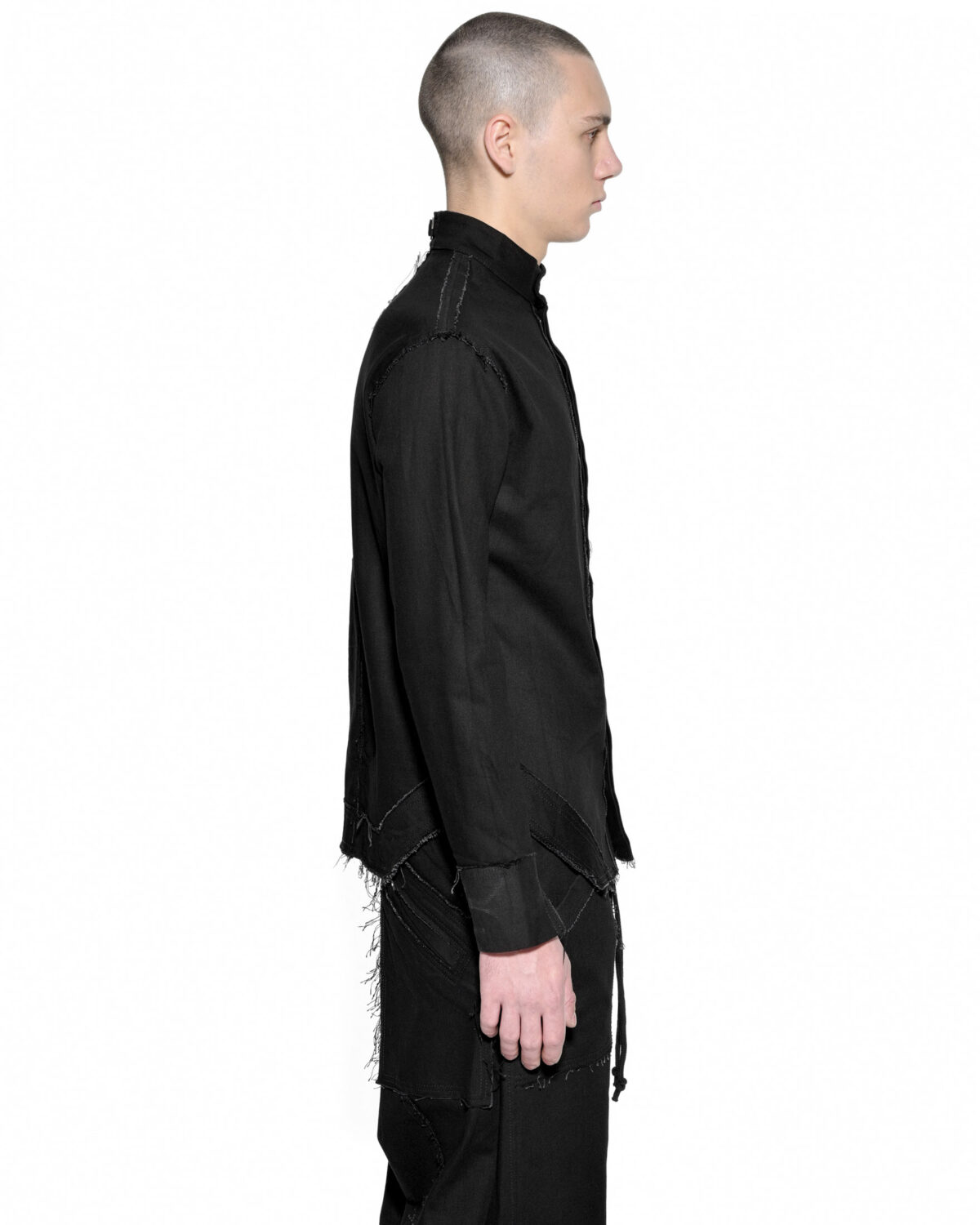 MINOAR - Fracture Deconstruct Denim Shirt, Men's black cotton shirt with raw frayed edges - 4