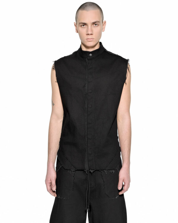 MINOAR - Fracture Sleeveless Denim Shirt, Men's black cotton shirt with raw frayed edges - 1