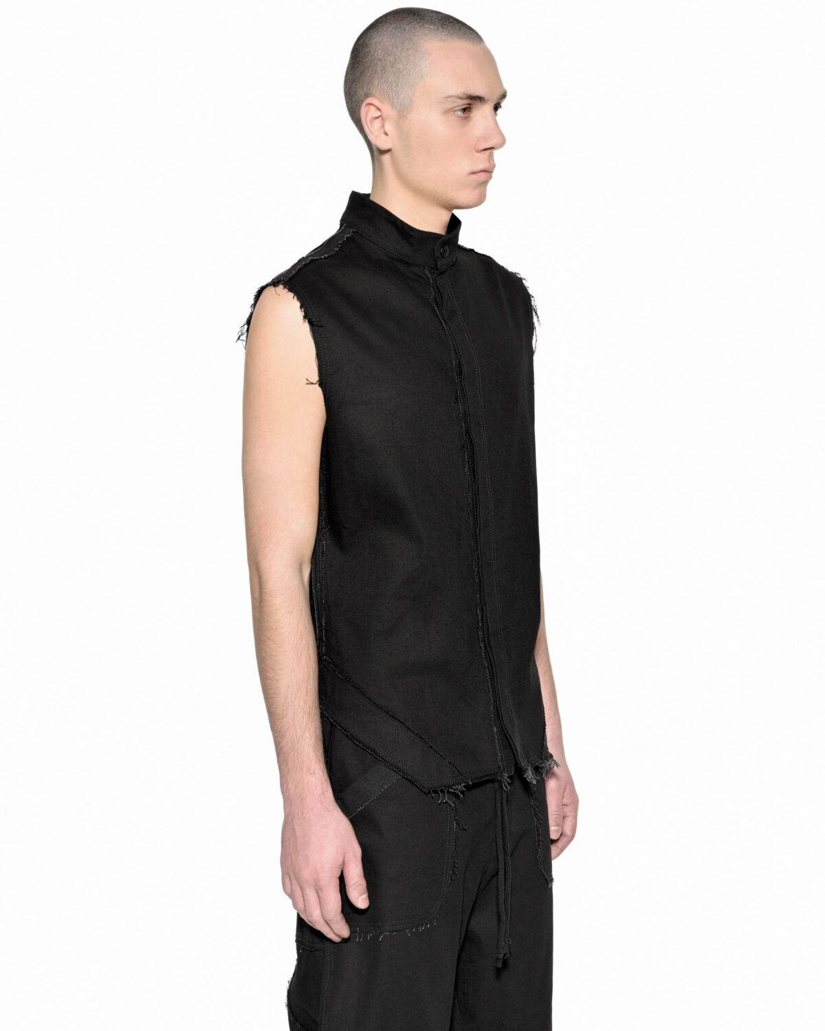MINOAR - Fracture Sleeveless Denim Shirt, Men's black cotton shirt with raw frayed edges - 3