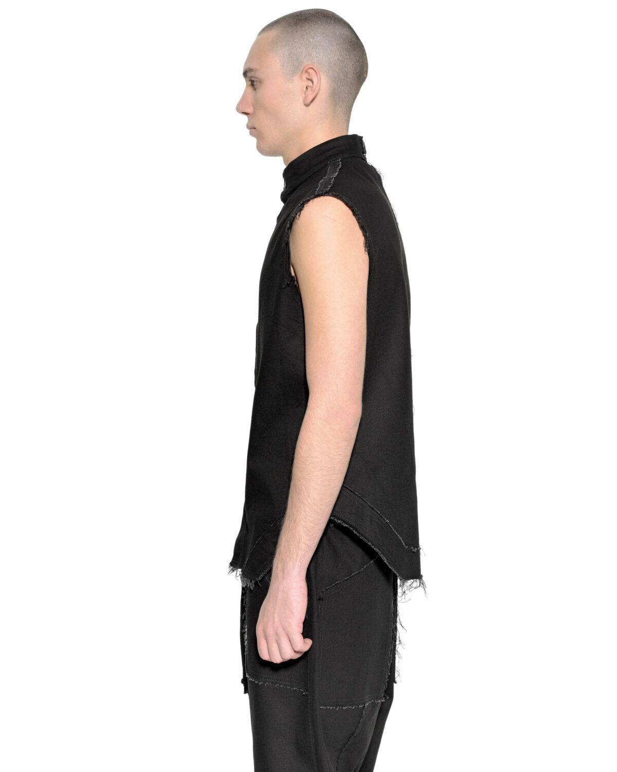 MINOAR - Fracture Sleeveless Denim Shirt, Men's black cotton shirt with raw frayed edges - 5