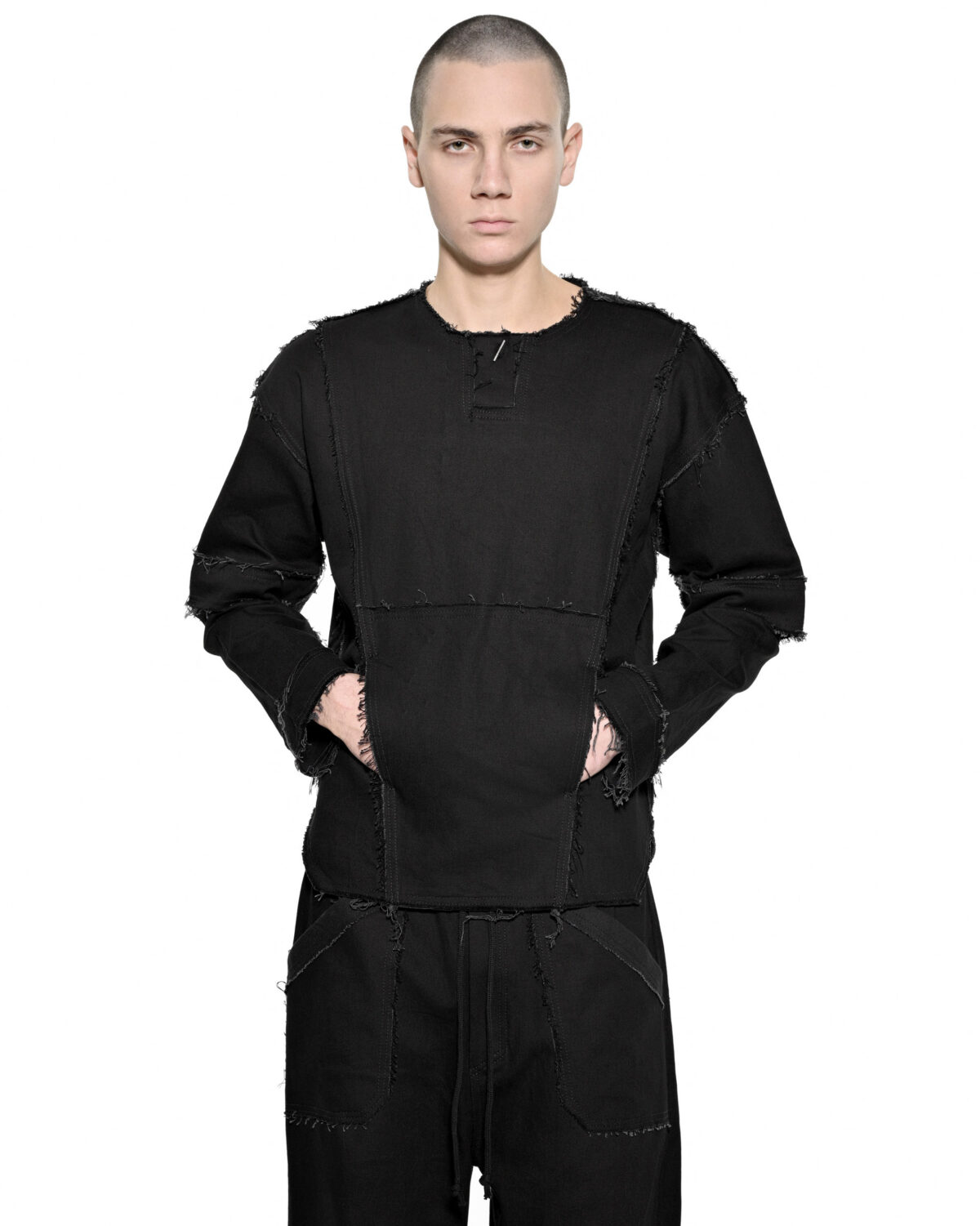 MINOAR - Fracture Function Denim Sweater, Men's black cotton sweater with geometric cut - 3