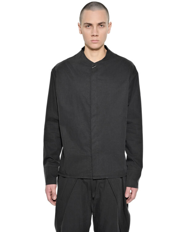 MINOAR - Dense Bowling Longsleeve Shirt, Men's black cotton shirt with raised collar - 1