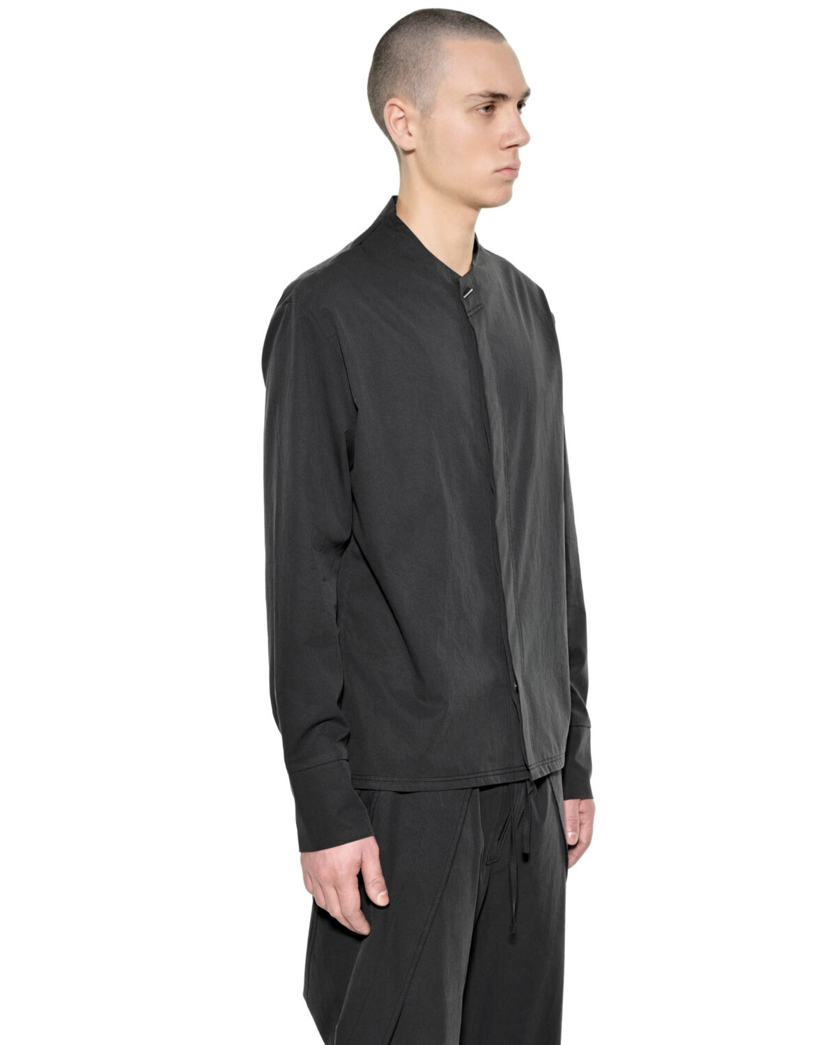 MINOAR - Dense Bowling Longsleeve Shirt, Men's black cotton shirt with raised collar - 3