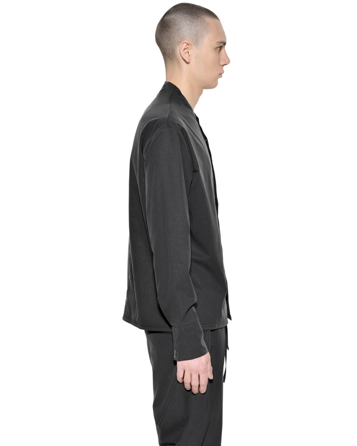 MINOAR - Dense Bowling Longsleeve Shirt, Men's black cotton shirt with raised collar - 4