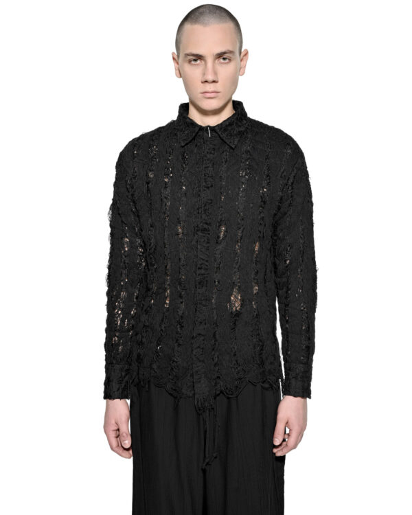 MINOAR - Filamentous Collar Dark Shirt, Men's black cotton shirt with Fiber-Bond texture - 1