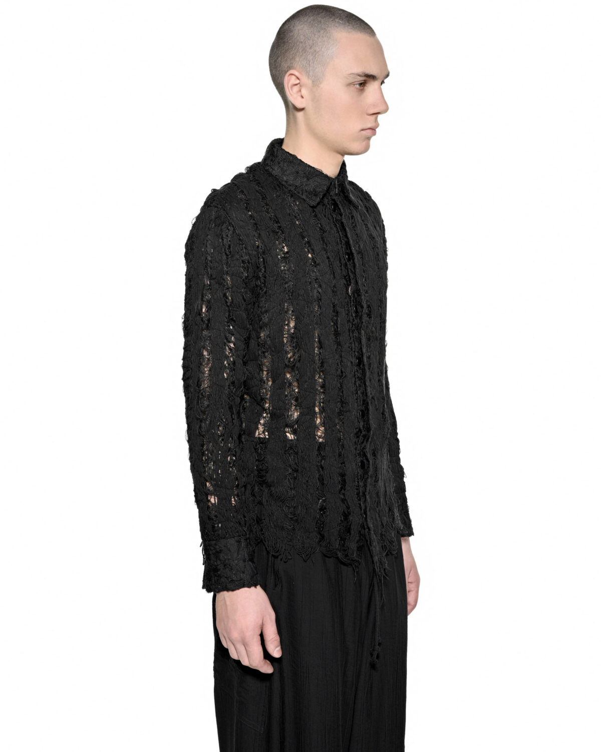 MINOAR - Filamentous Collar Dark Shirt, Men's black cotton shirt with Fiber-Bond texture - 3