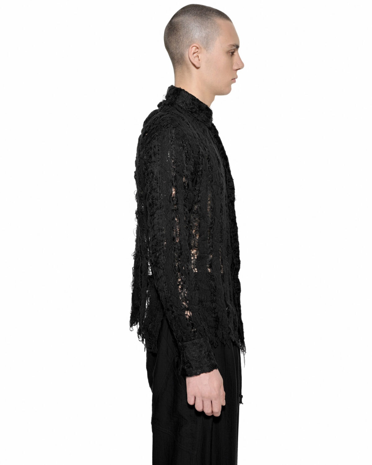 MINOAR - Filamentous Collar Dark Shirt, Men's black cotton shirt with Fiber-Bond texture - 4
