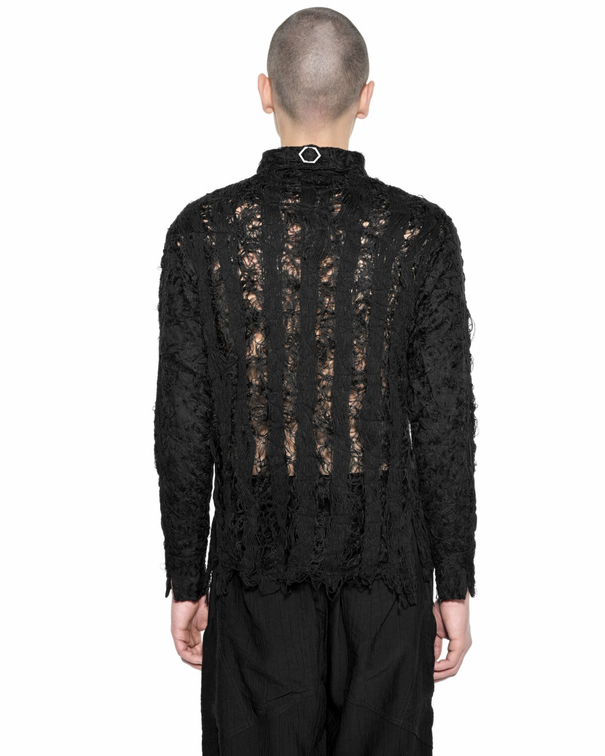 MINOAR - Filamentous Collar Dark Shirt, Men's black cotton shirt with Fiber-Bond texture - 5