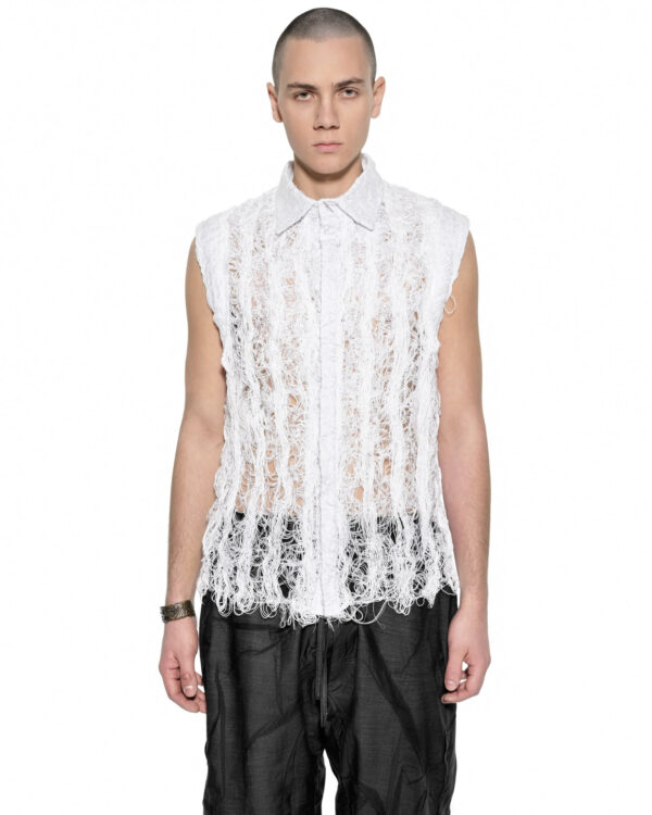 MINOAR - Filamentous Sleeveless Optic Collar Shirt, Men's white cotton shirt with Fiber-Bond texture - 1