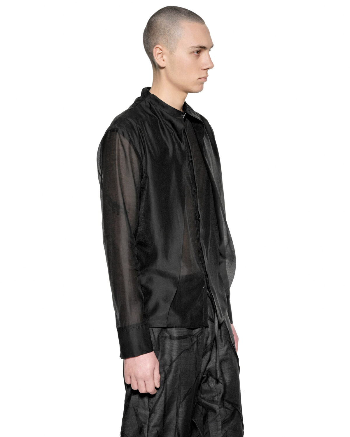 MINOAR - Radiant Semi-Sheer Layers Shirt, Men's black lyocell shirt with semi-sheer fabric - 3