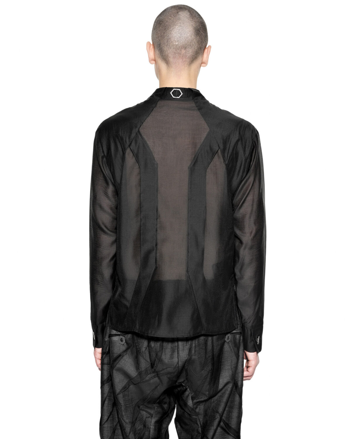 MINOAR - Radiant Semi-Sheer Layers Shirt, Men's black lyocell shirt with semi-sheer fabric - 5