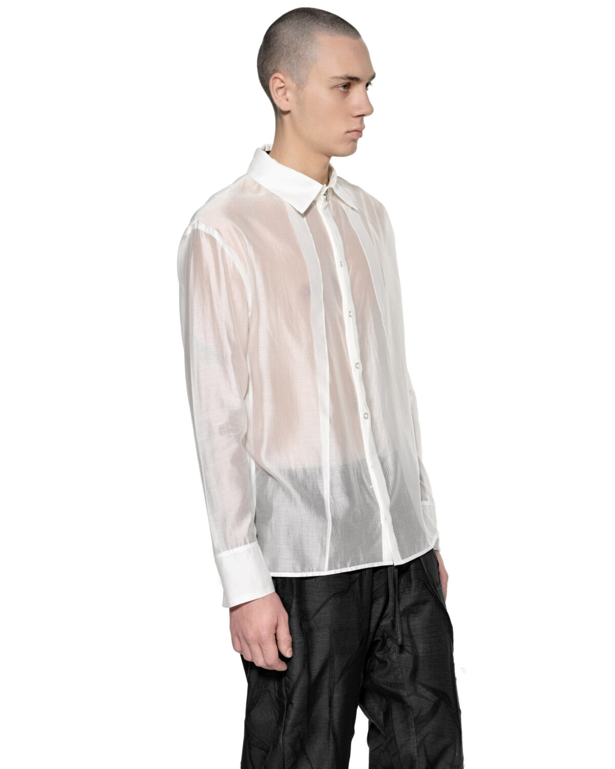 MINOAR - Radiant White Bone Collar Shirt, Men's white lyocell shirt with semi-sheer fabric - 3