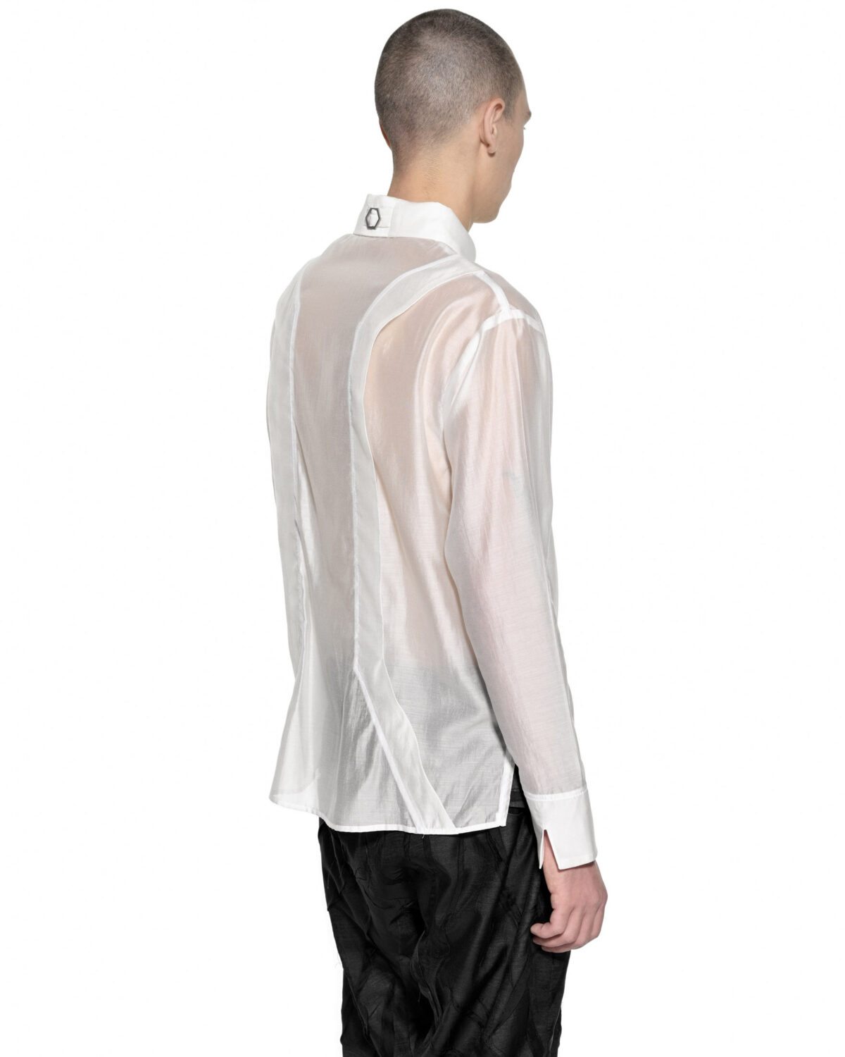 MINOAR - Radiant White Bone Collar Shirt, Men's white lyocell shirt with semi-sheer fabric - 4