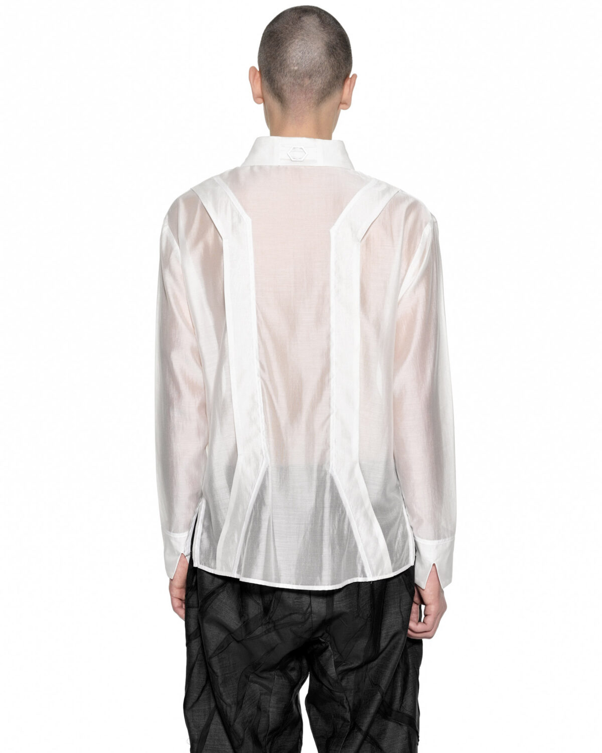 MINOAR - Radiant White Bone Collar Shirt, Men's white lyocell shirt with semi-sheer fabric - 5