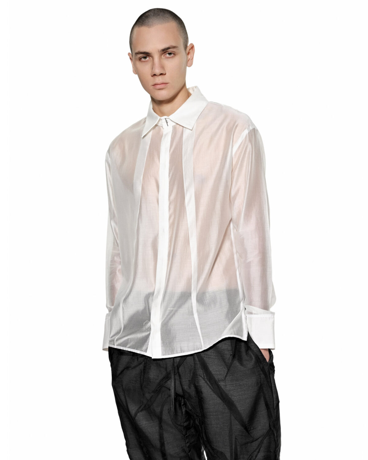 MINOAR - Radiant White Bone Collar Shirt, Men's white lyocell shirt with semi-sheer fabric - 6