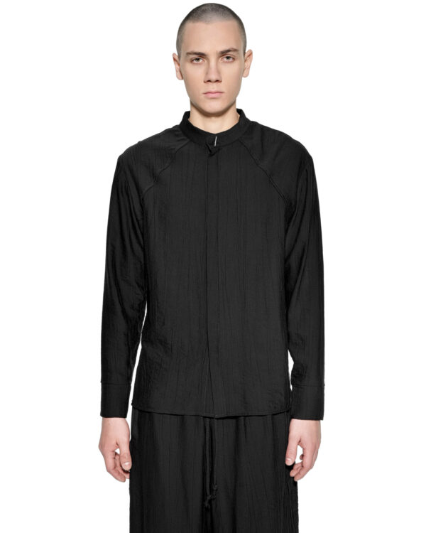 MINOAR - Array Longsleeve Shirt, Men's black viscose shirt with raised collar - 1