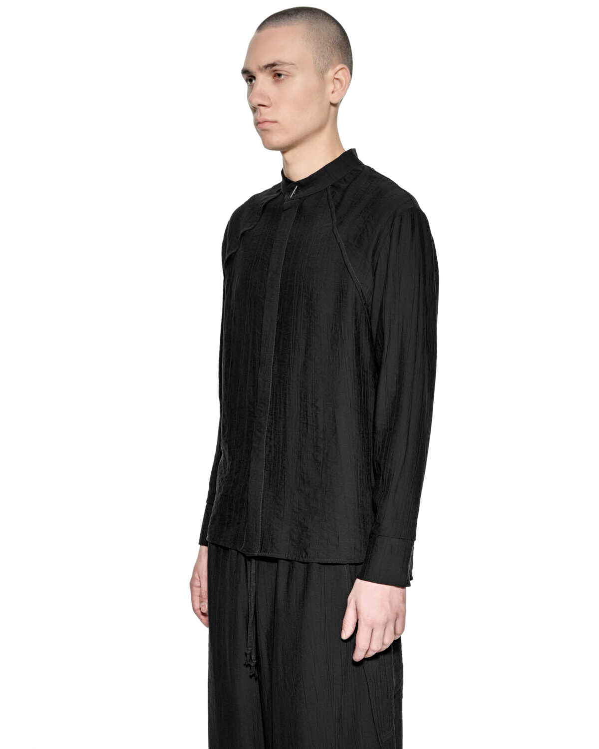 MINOAR - Array Longsleeve Shirt, Men's black viscose shirt with raised collar - 3
