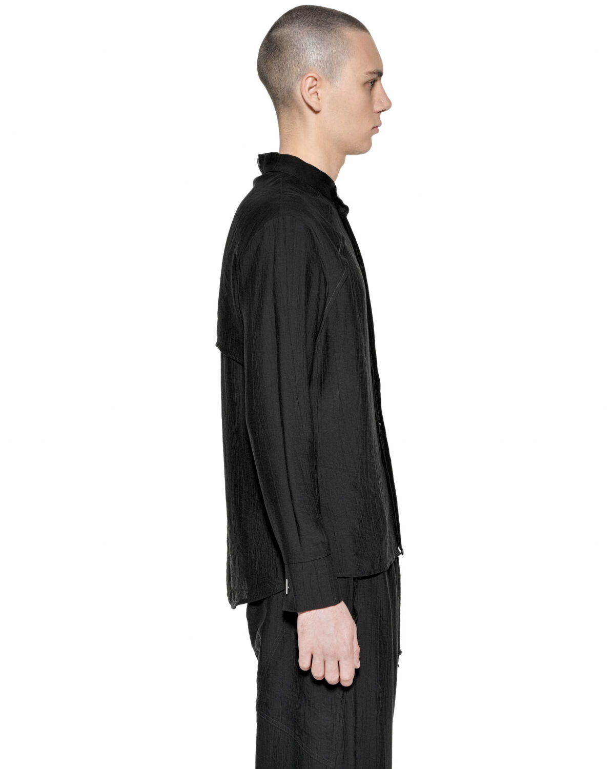 MINOAR - Array Longsleeve Shirt, Men's black viscose shirt with raised collar - 4