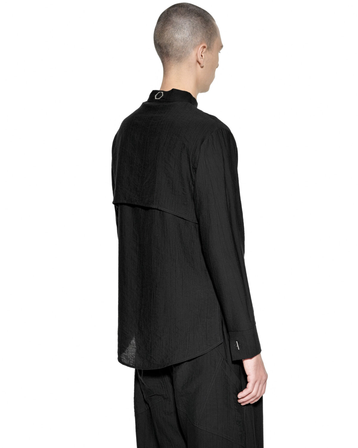 MINOAR - Array Longsleeve Shirt, Men's black viscose shirt with raised collar - 5